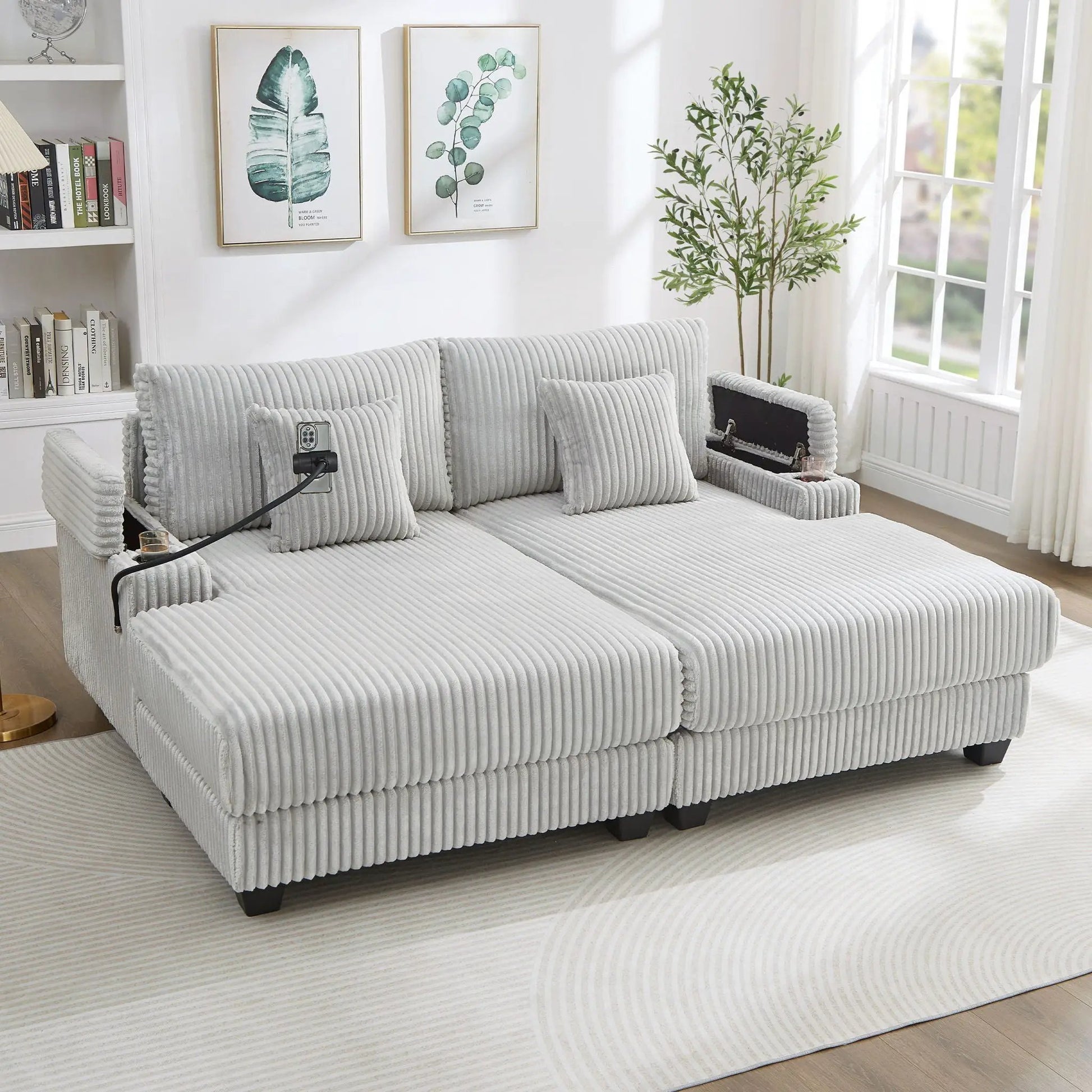 Modern gray corduroy chaise sofa with ribbed fabric sectional for living room on Tampa Home & Garden Store