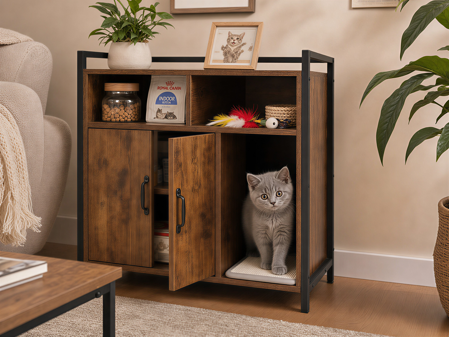 Rustic Cat House wood cabinet with dark brown panels; gray kitten in open cubby on Tampa Home & Garden Store
