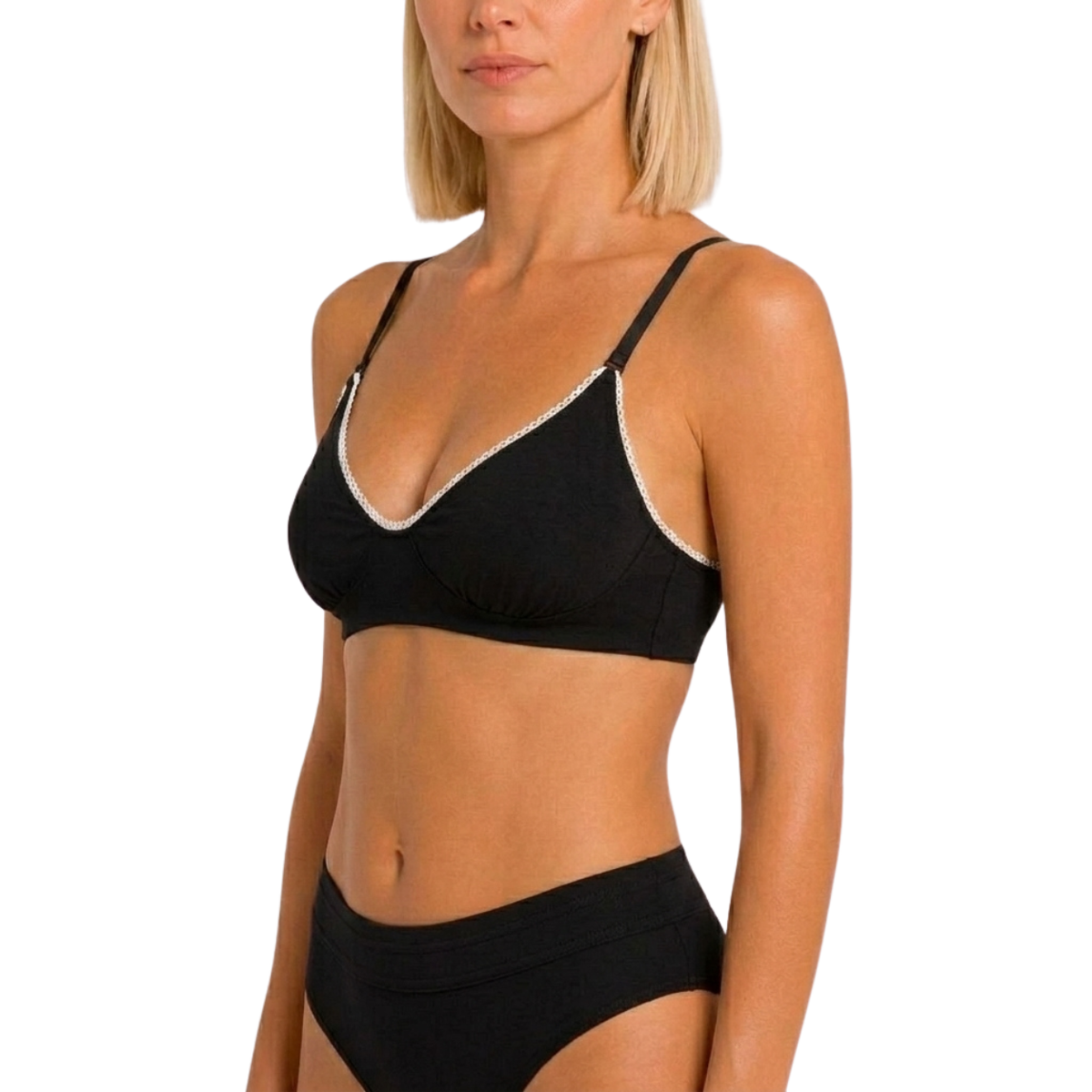 Net Positive Wireless Bralette in black organic cotton with lace trim and adjustable straps on Tampa Home & Garden Store
