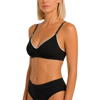 Net Positive Wireless Bralette in black organic cotton with lace trim and adjustable straps on Tampa Home & Garden Store
