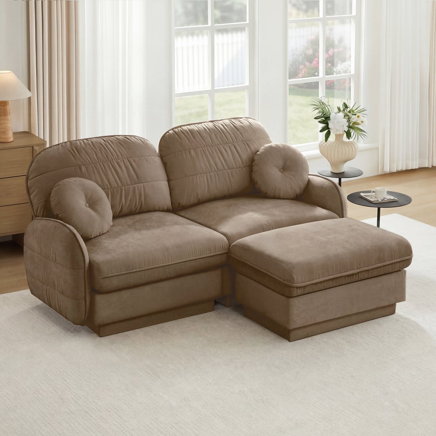 Chenille Cloud L-shaped loveseat sofa in taupe-beige upholstery by HouseOfZazla on Tampa Home & Garden Store