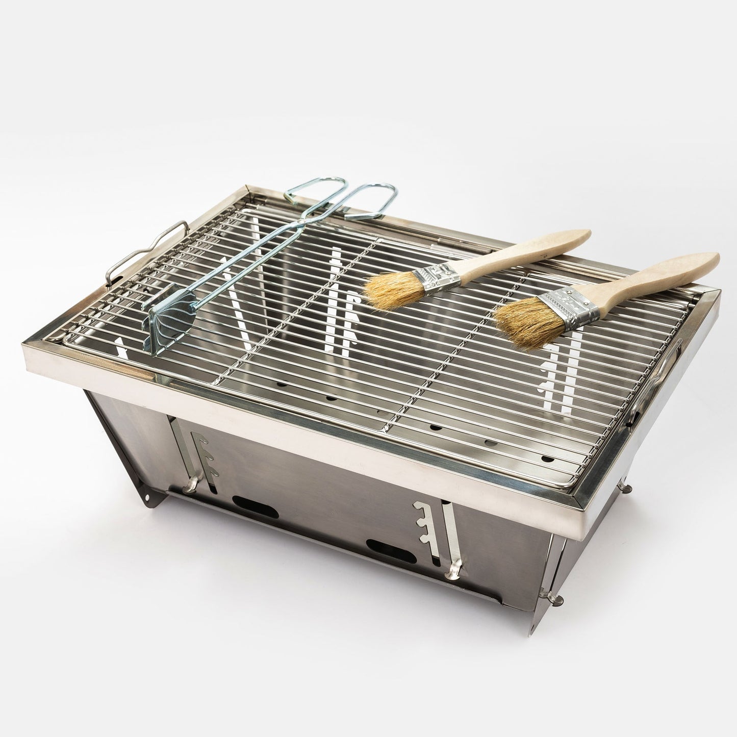 Folded portable charcoal BBQ grill with stainless steel grate and wooden brushes HouseOfZazla on Tampa Home & Garden Store