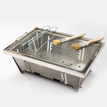 Folded portable charcoal BBQ grill with stainless steel grate and wooden brushes HouseOfZazla on Tampa Home & Garden Store