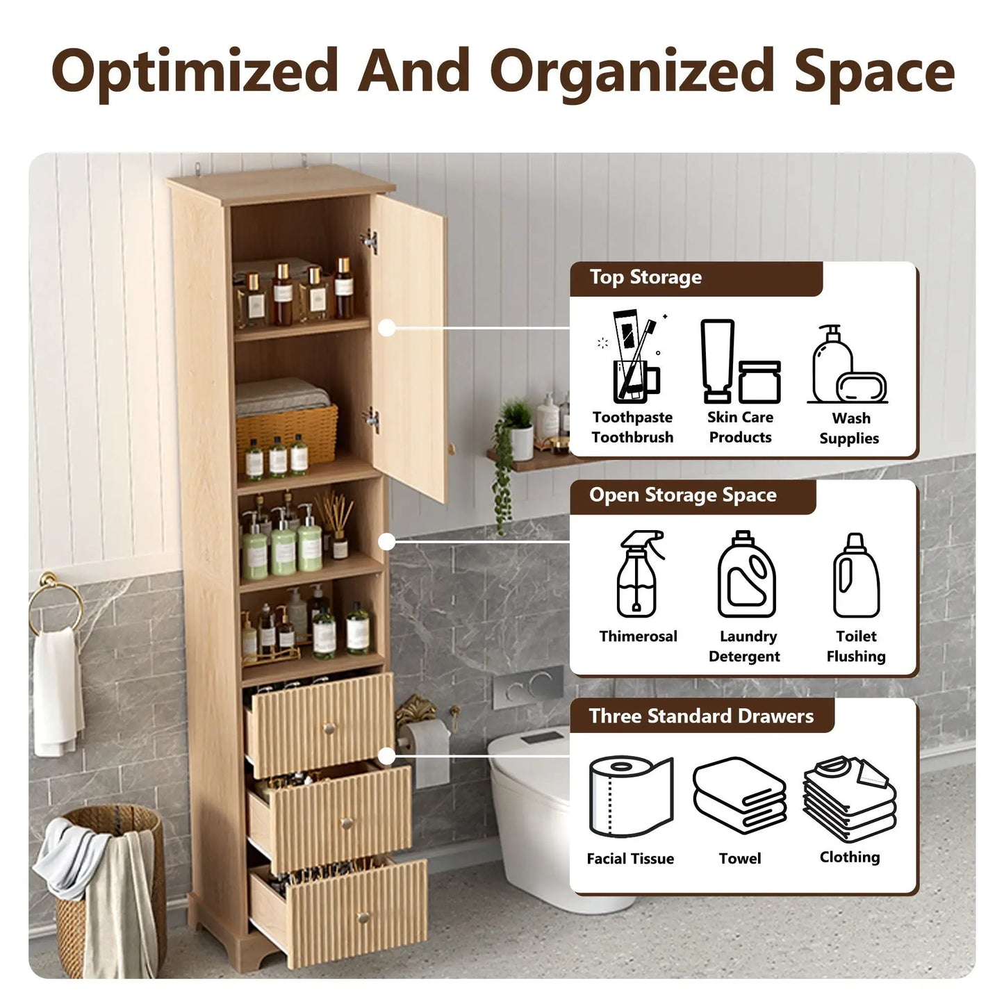 Tall Bathroom Cabinet With Door and Drawers Wood