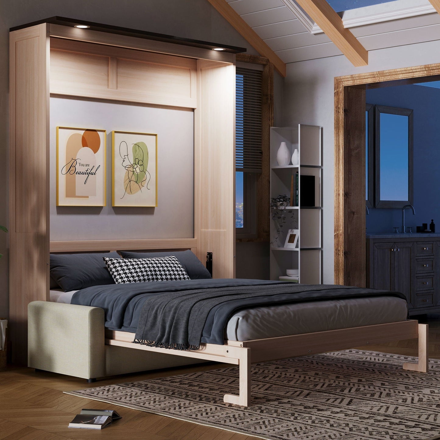 Queen Size Murphy Bed and Sofa with Led Beige