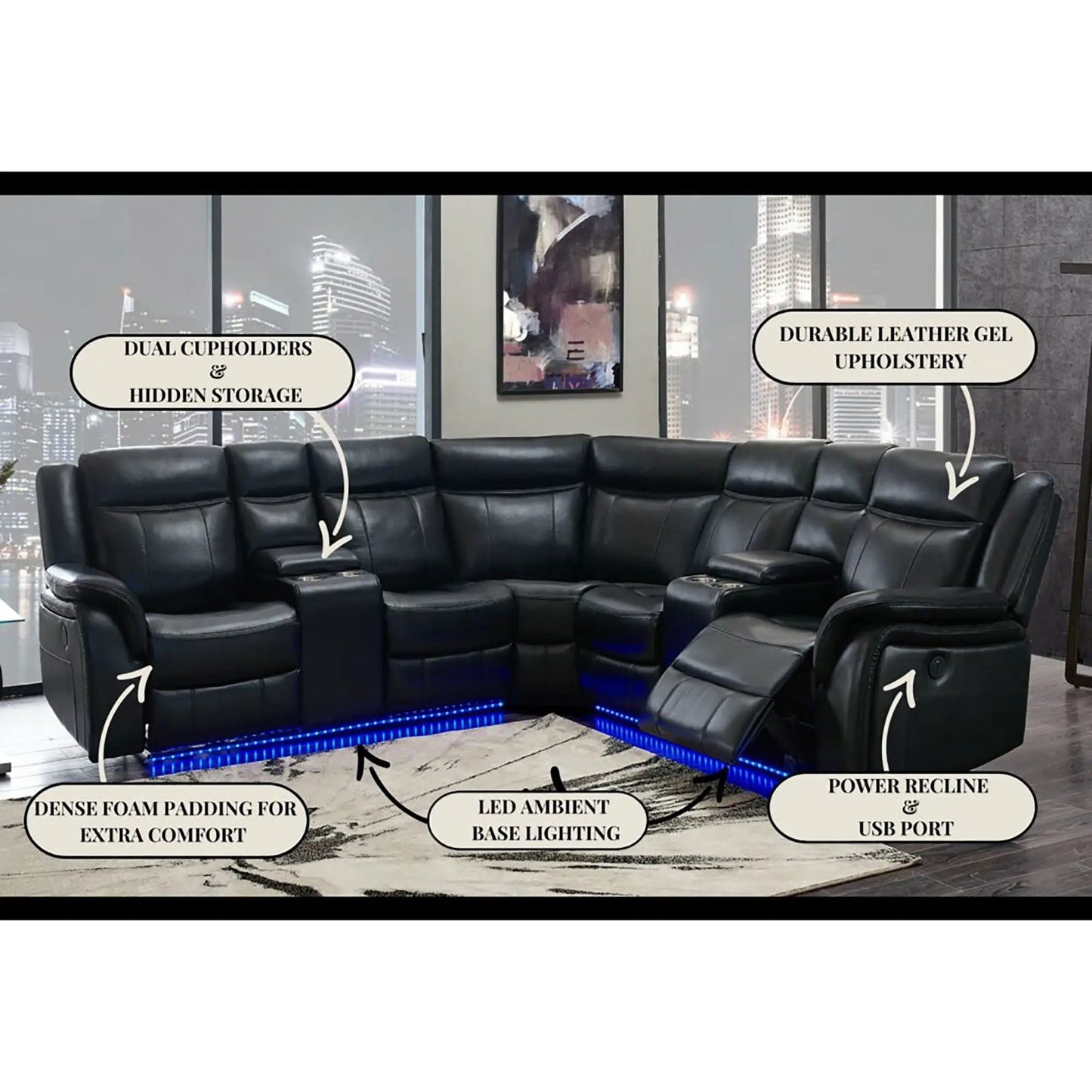Jupiter Leather Sectional Black With Led Lighting