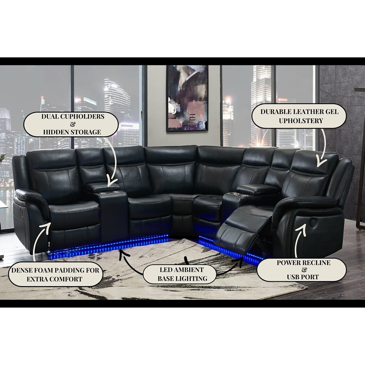 Jupiter Leather Sectional Black by HouseOfZazla with power reclining chaise and LED lighting on Tampa Home & Garden Store