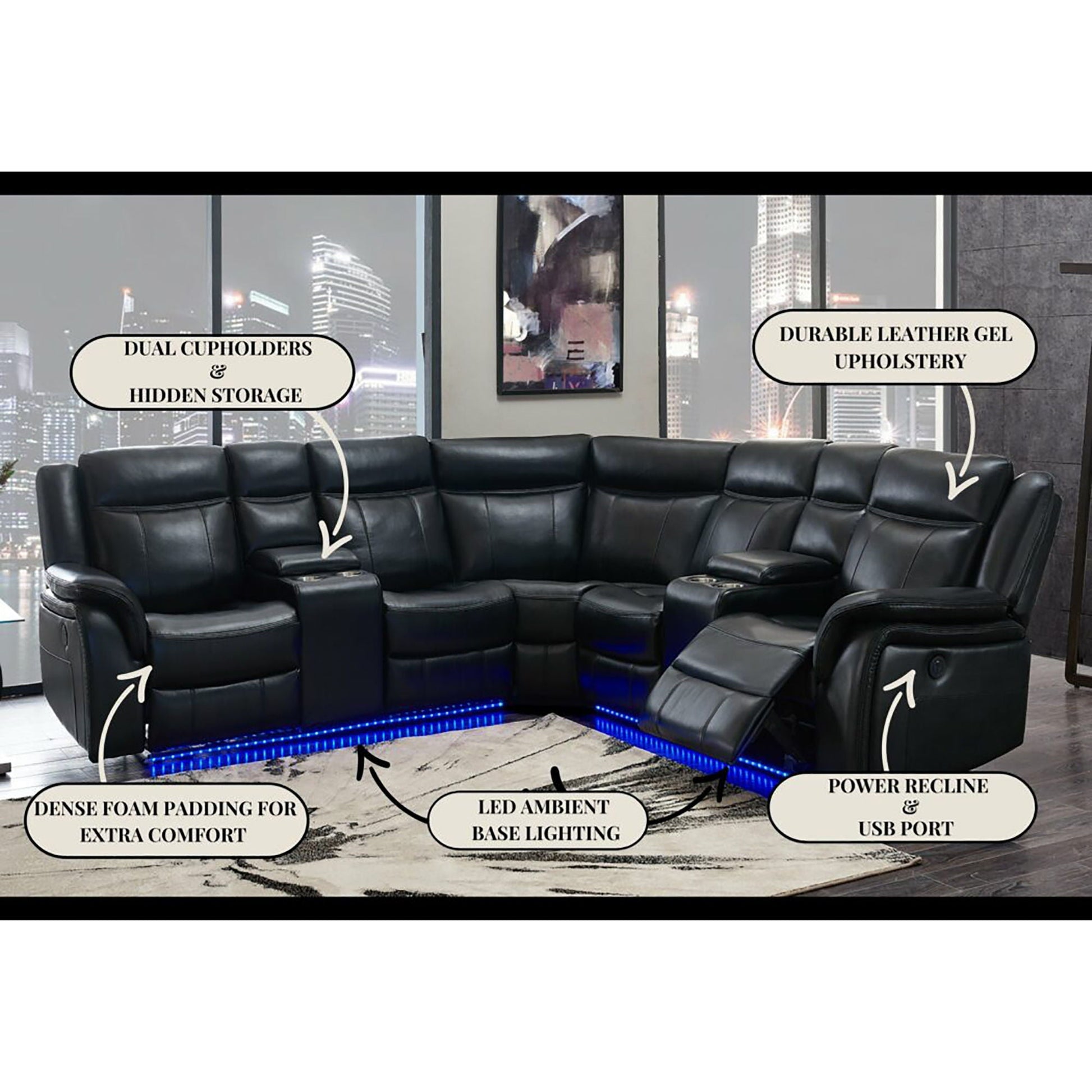 Jupiter Leather Sectional Black by HouseOfZazla with power reclining chaise and LED lighting on Tampa Home & Garden Store