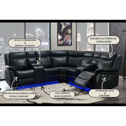 Jupiter Leather Sectional Black by HouseOfZazla with power reclining chaise and LED lighting on Tampa Home & Garden Store
