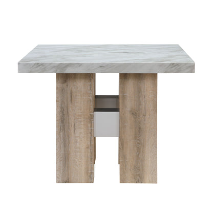 Mikha Bar Table with extra thick white marble top and brown wooden legs on Tampa Home & Garden Store