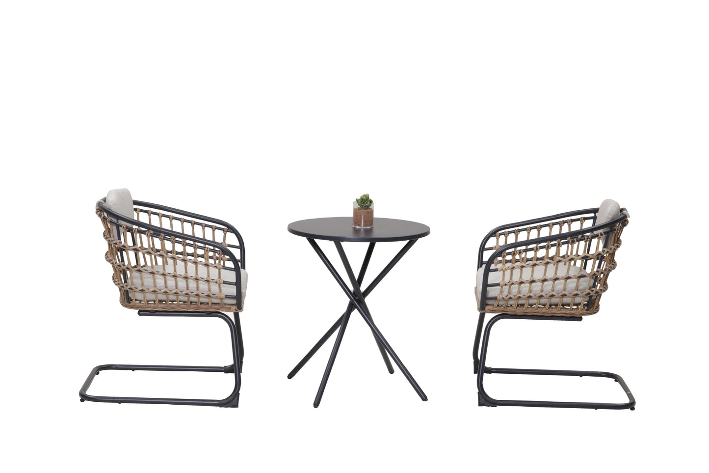 3-Piece Outdoor Wicker Bistro Set with black metal frames, tan woven chairs, black table on Tampa Home & Garden Store