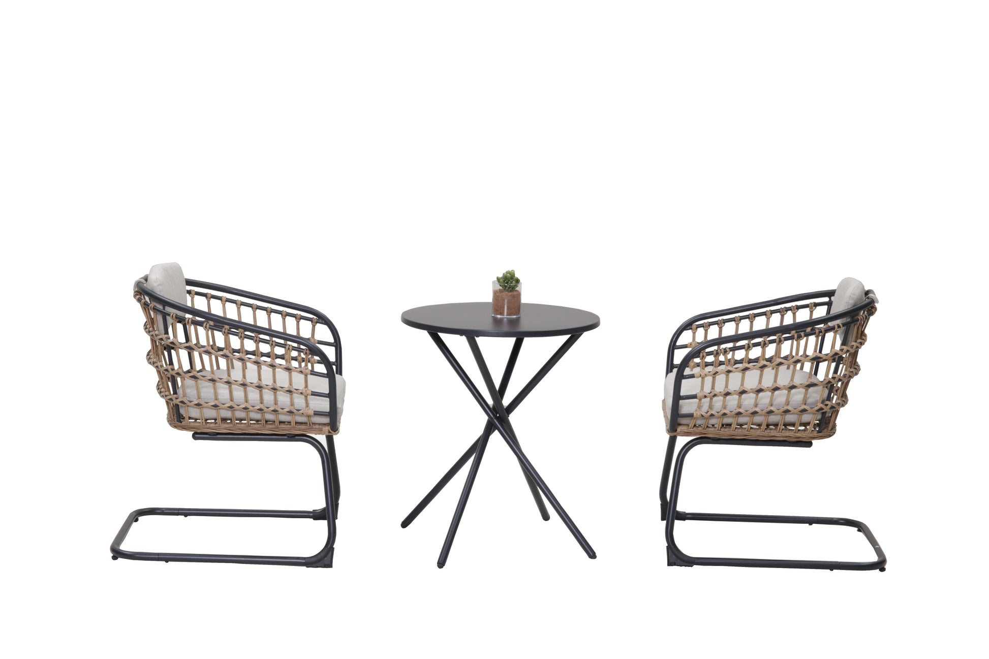 3-Piece Outdoor Wicker Bistro Set with black metal frames, tan woven chairs, black table on Tampa Home & Garden Store