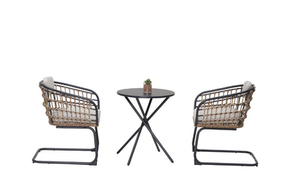 3-Piece Outdoor Wicker Bistro Set with black metal frames, tan woven chairs, black table on Tampa Home & Garden Store