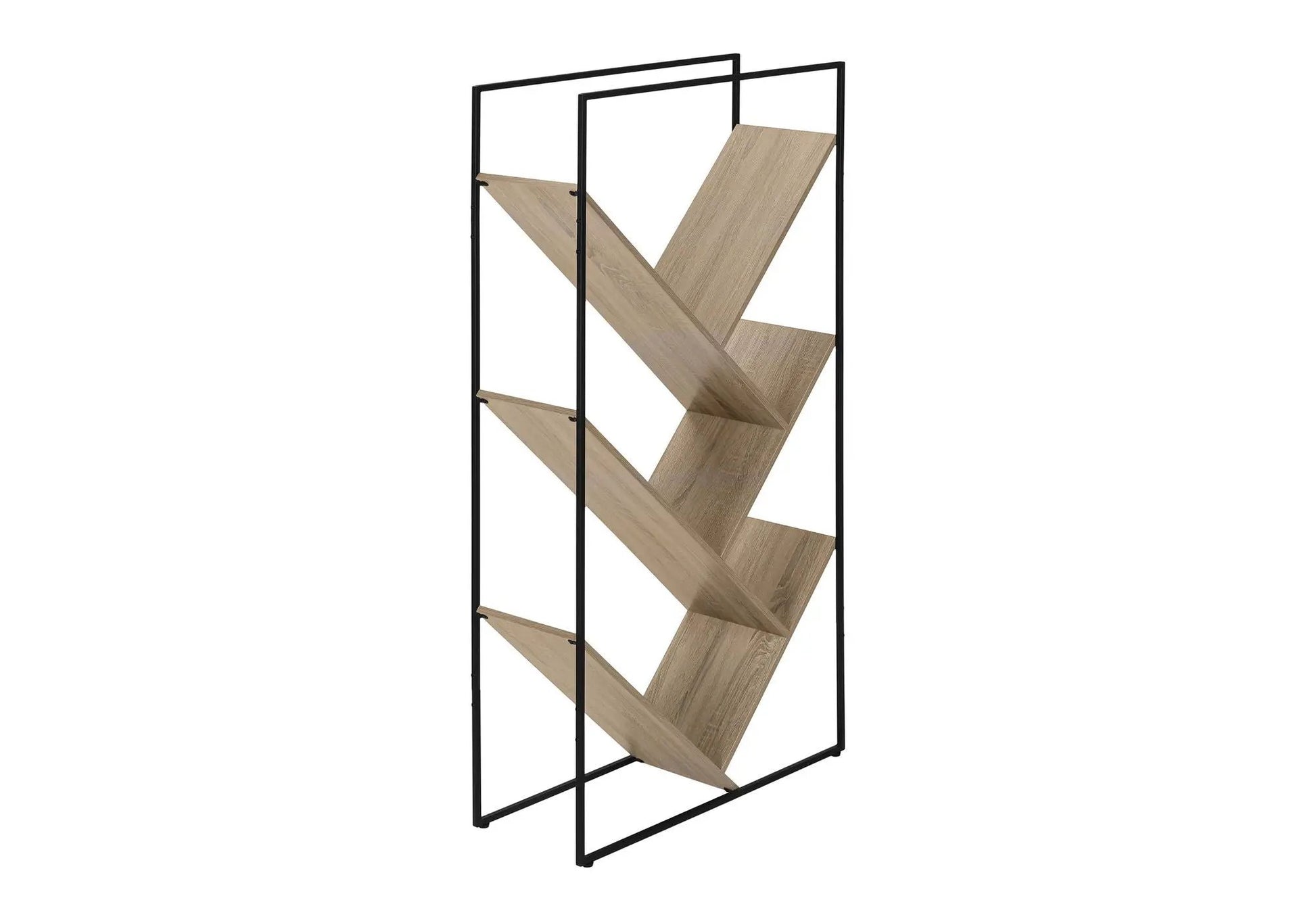 Three-tier etagere bookcase with black metal frame and diagonal light oak shelves forming a V shape on Tampa Home & Garden Store