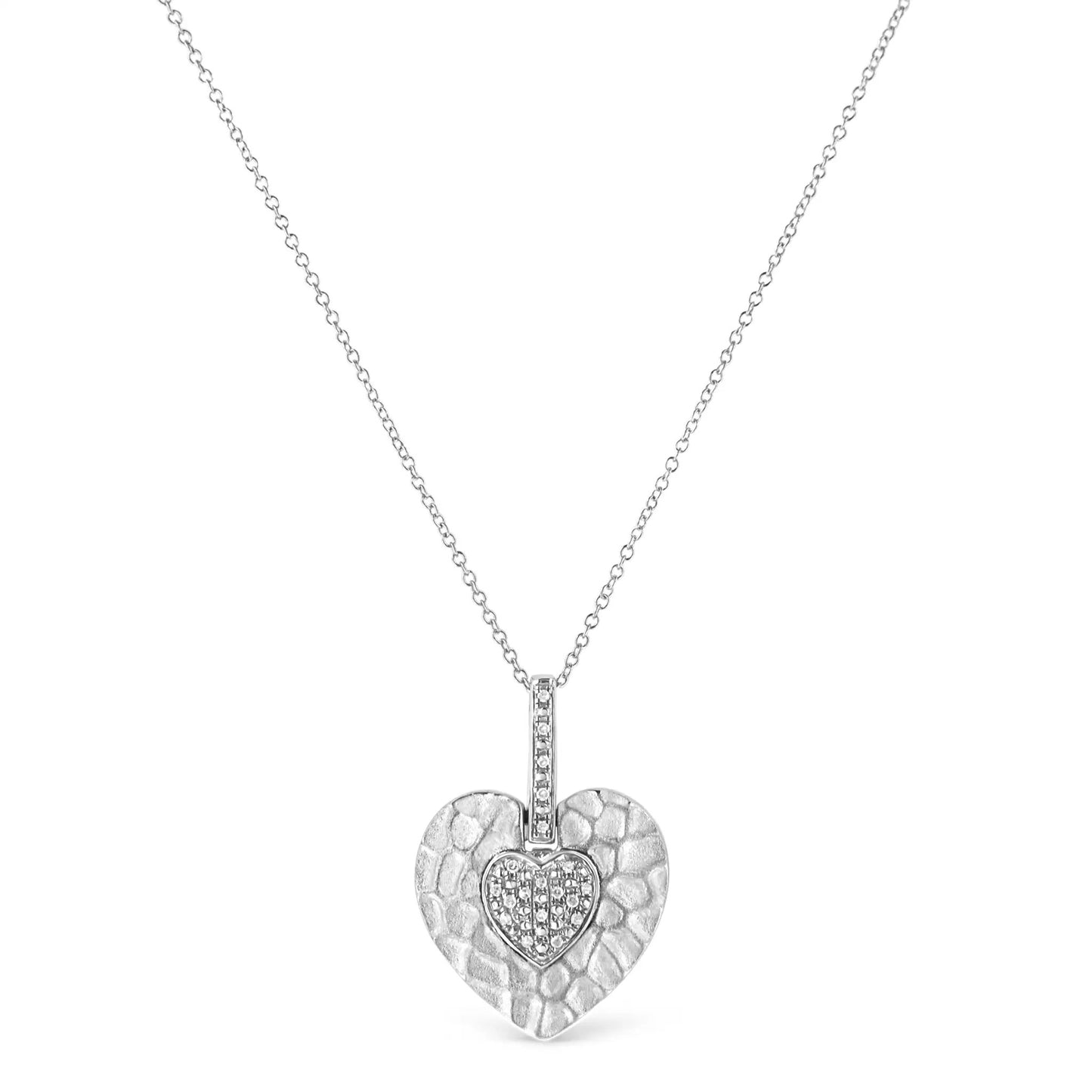 Sterling silver pave-set diamond heart pendant necklace with hammered outer heart on 18-inch chain on Tampa Home & Garden Store
