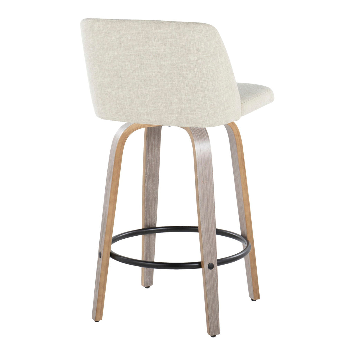 Counter stools set of 2, beige fabric upholstery with curved back and wood legs, round footrest on Tampa Home & Garden Store
