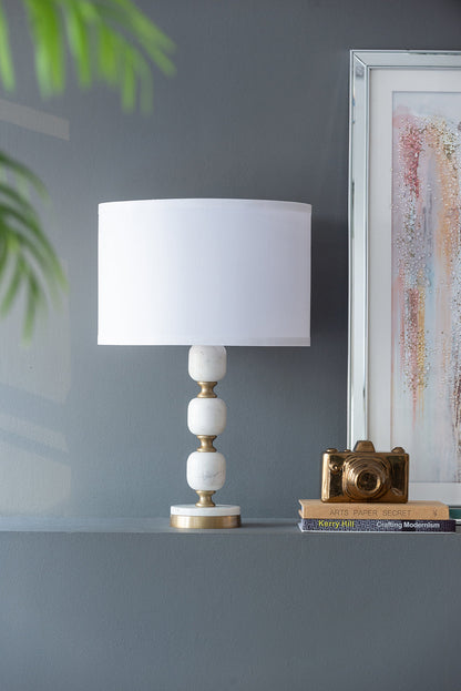 HouseOfZazla D15x26.5 table lamp with white shade and stacked marble spheres brass accents on Tampa Home & Garden Store