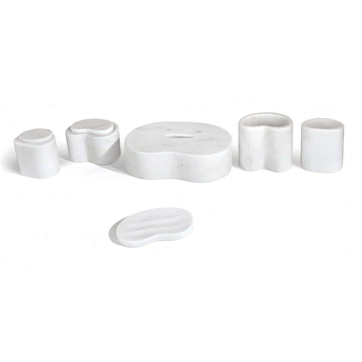 Elegant natural marble bathroom accessories set white with gray veining; marble tray HouseOfZazla on Tampa Home & Garden Store
