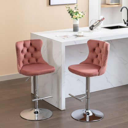Swivel adjustable-height barstools set of 2, pink velvet tufted seats with chrome pedestal bases on Tampa Home & Garden Store
