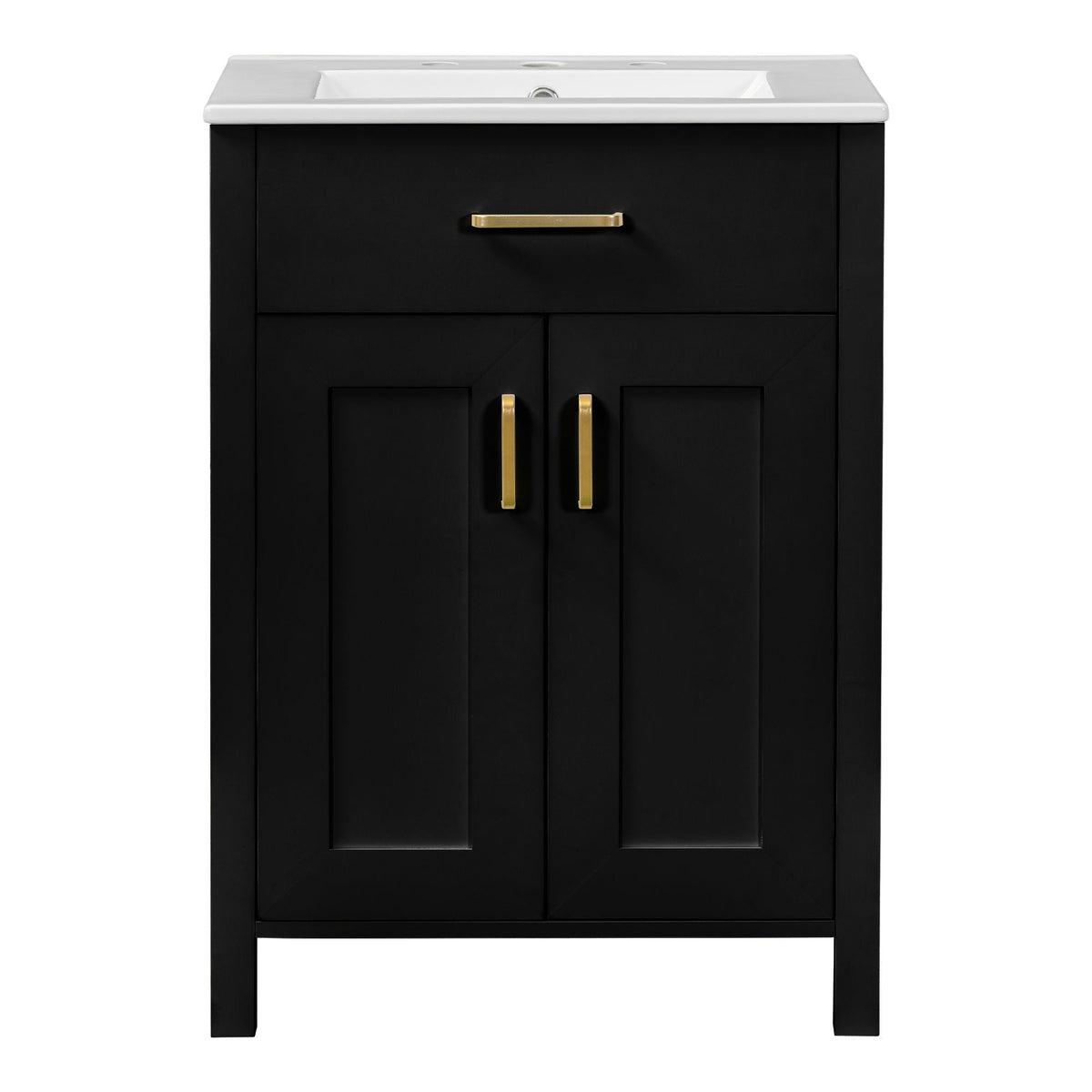 Modern bathroom vanity with soft-close cabinet, black finish, white top and gold hardware on Tampa Home & Garden Store