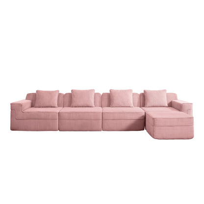 Modular 4-seat L‑shape pink corduroy sofa with plush back cushions by HouseOfZazla on Tampa Home & Garden Store