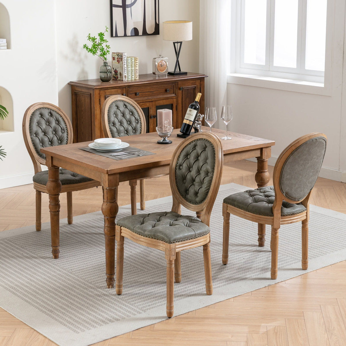 French style solid wood dining chairs with nailhead trim, tufted gray upholstery, set of 4 on Tampa Home & Garden Store
