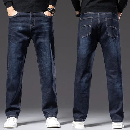 FLIPSTYLEZLLC high-elastic men's straight loose jeans in dark blue denim front/back views on Tampa Home & Garden Store
