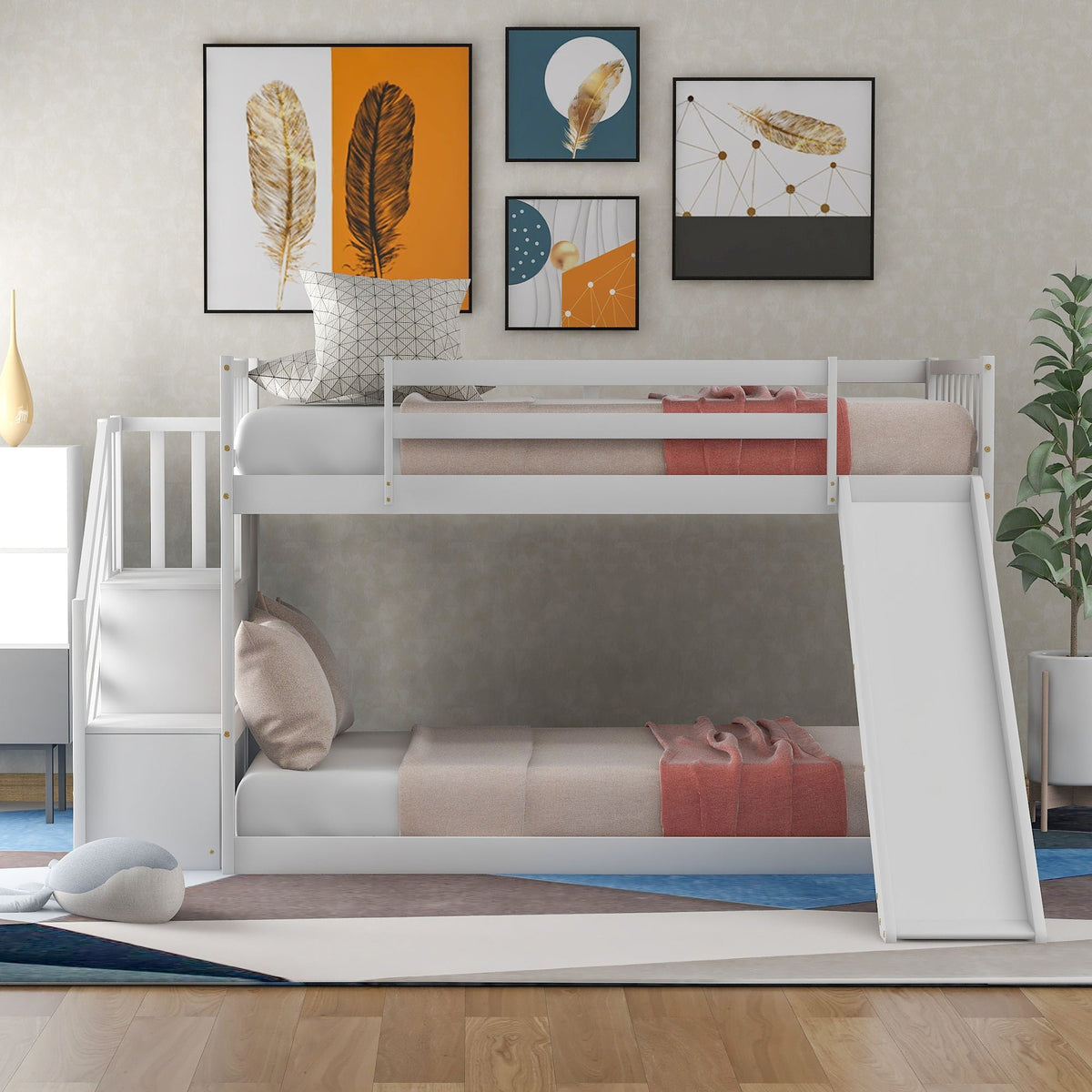 Bunk Bed With Convertible Slide And Stairway by HouseOfZazla in white with beige bedding on Tampa Home & Garden Store
