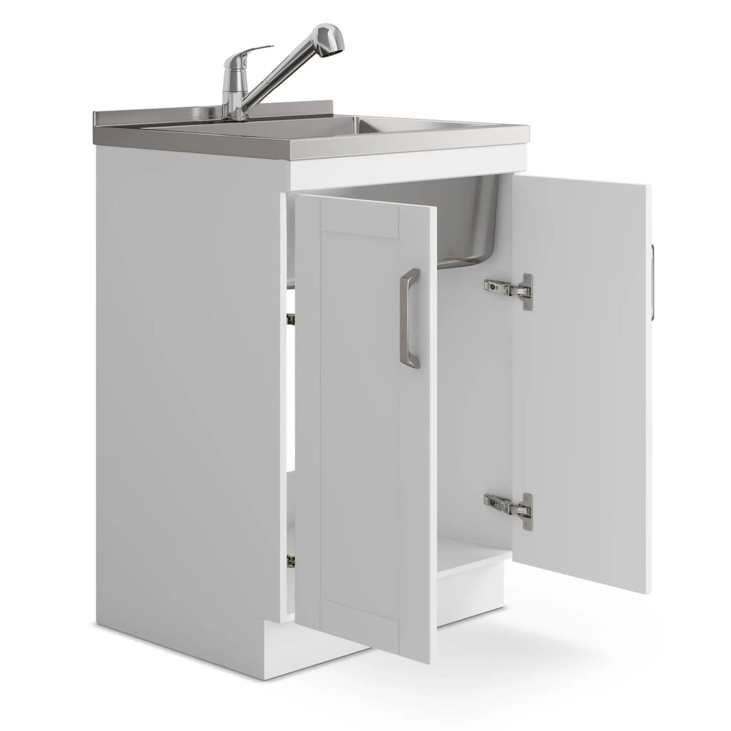 Kyle laundry cabinet with chrome faucet and stainless steel sink on white vanity on Tampa Home & Garden Store