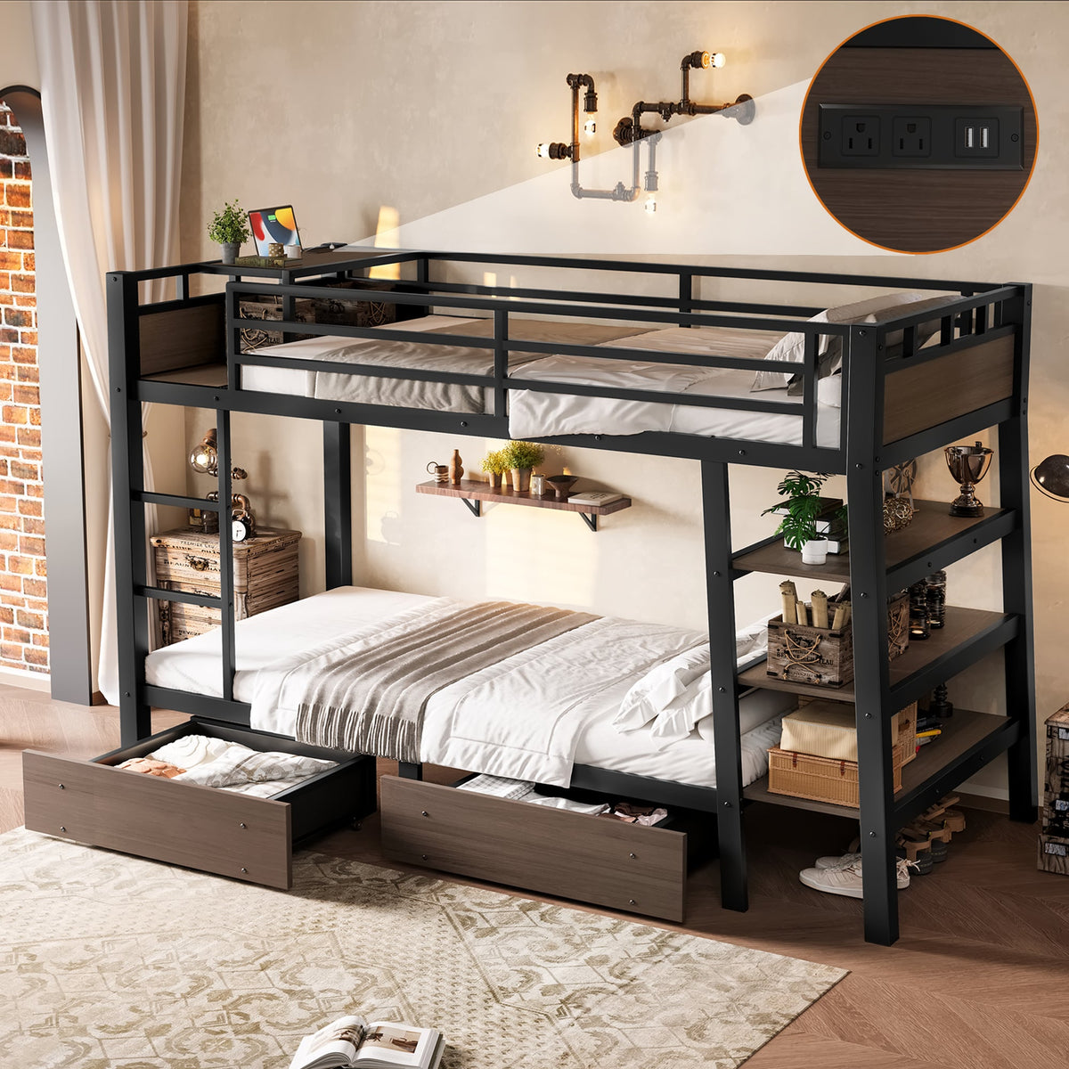 Twin-size metal bunk bed with black steel frame, storage shelves, drawers, USB outlets on Tampa Home & Garden Store