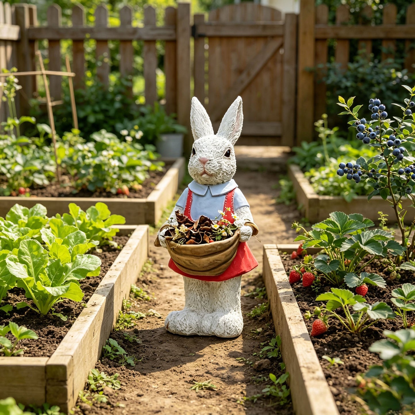 Charming hand-painted rabbit garden statue in blue top, holding a basket on Tampa Home & Garden Store