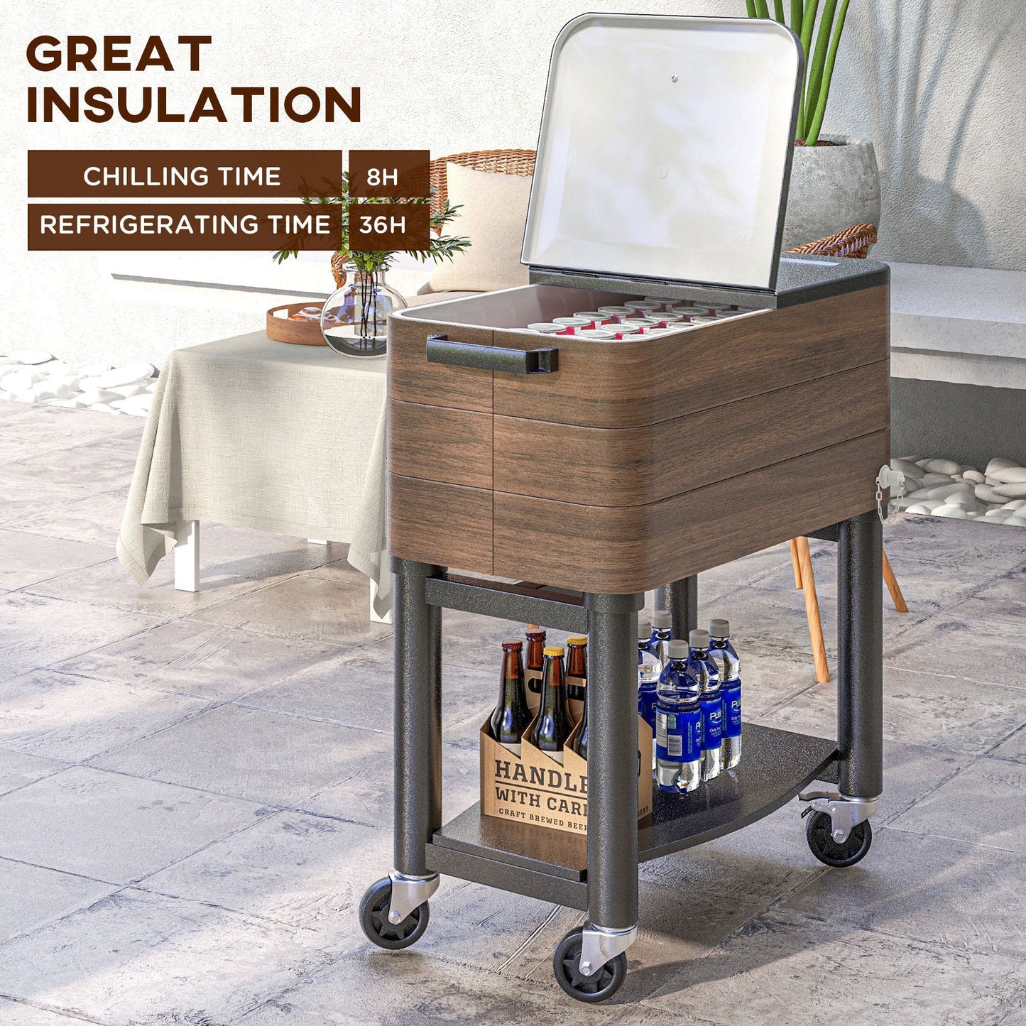 Outsunny outdoor cooler cart rolling beverage ice chest with wood veneer cabinet on wheels on Tampa Home & Garden Store