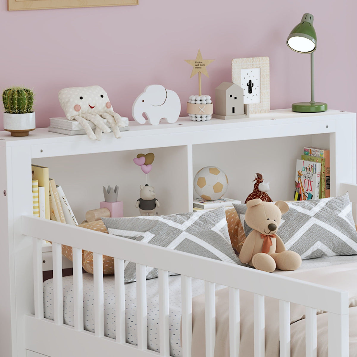 White storage bed with headboard rack, 2 under-bed drawers, and 3 side guardrails on Tampa Home & Garden Store