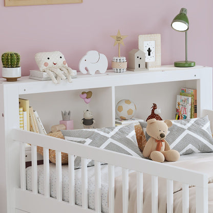 White storage bed with headboard rack, 2 under-bed drawers, and 3 side guardrails on Tampa Home & Garden Store
