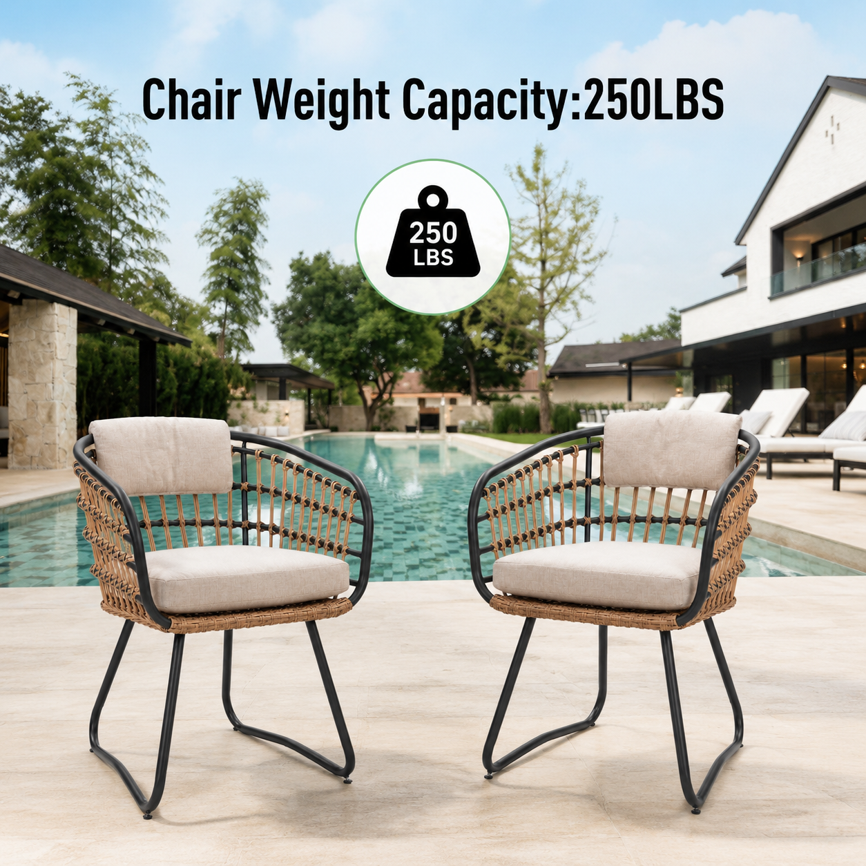 Outdoor Wicker Dining Chairs set of 2 with beige cushions and black frame on Tampa Home & Garden Store