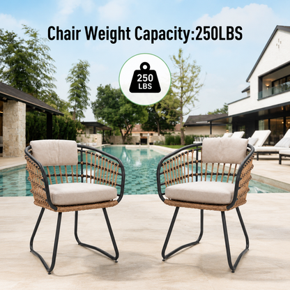 Outdoor Wicker Dining Chairs set of 2 with beige cushions and black frame on Tampa Home & Garden Store
