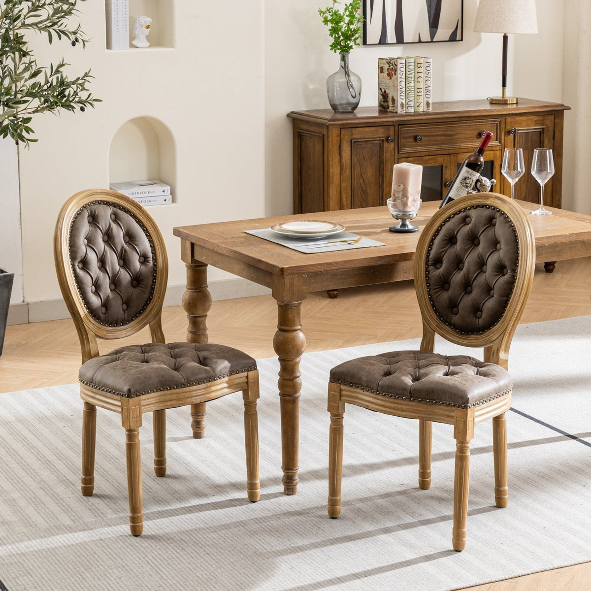 French style solid wood dining chair with nailhead trim, brown tufted upholstery, set of four on Tampa Home & Garden Store