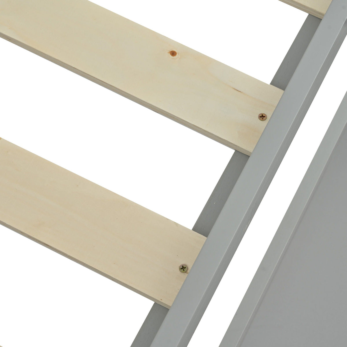 Bunk bed frame close-up showing pale wood slats and gray safety rails on Tampa Home & Garden Store