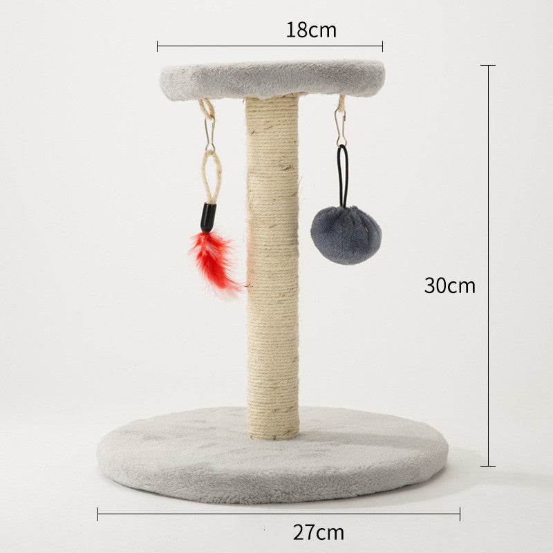 Detachable cat toy for scratching on a beige sisal cat tree; 2 hanging toys on Tampa Home & Garden Store