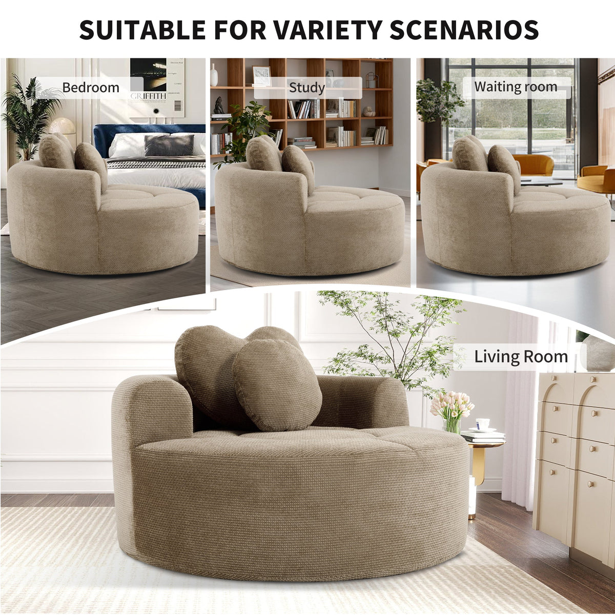 Round memory foam sofa bed by HouseOfZazla in beige fabric - 3-panel living room collage on Tampa Home & Garden Store