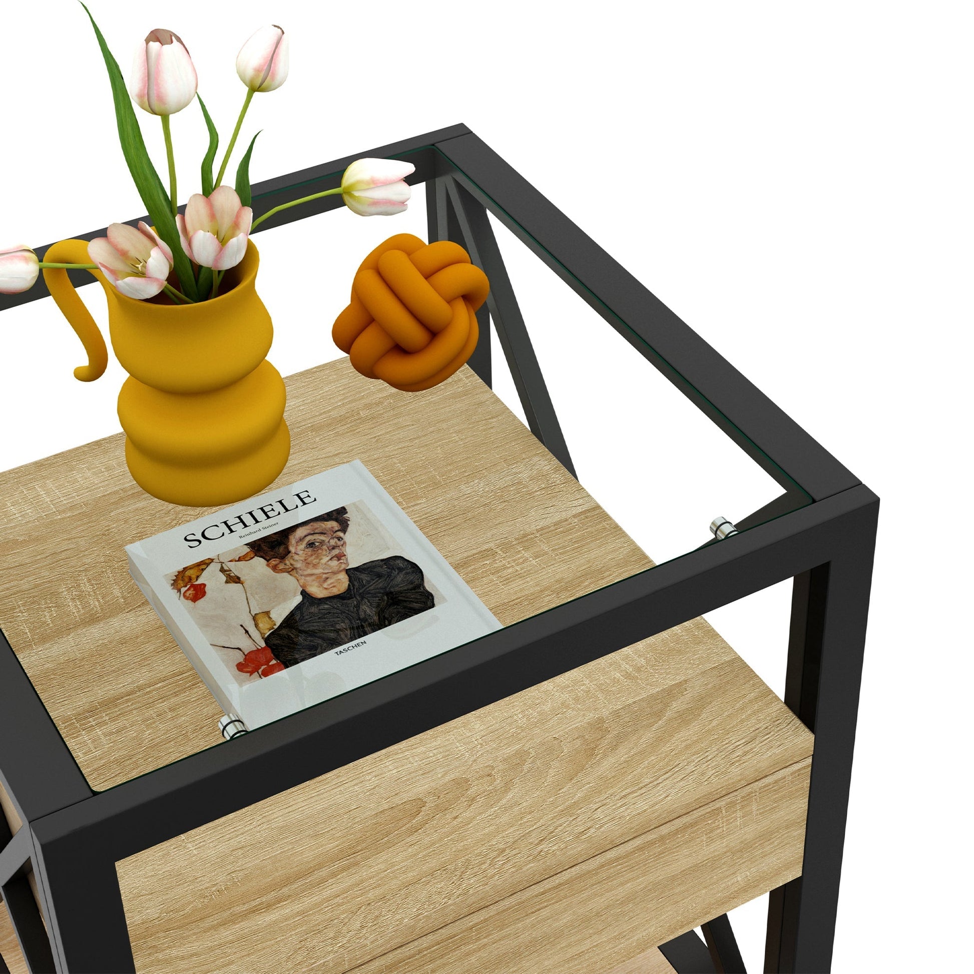 Set of 2 modern end tables with drawer, black metal frame, natural wood shelves, HouseOfZazla on Tampa Home & Garden Store