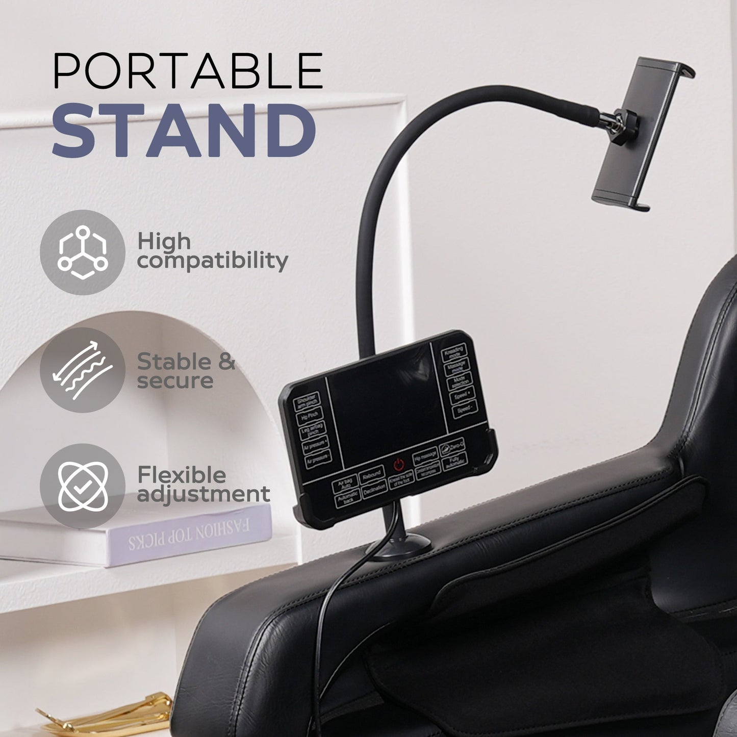 Massage chair control panel on curved black stand with mounted tablet on Tampa Home & Garden Store