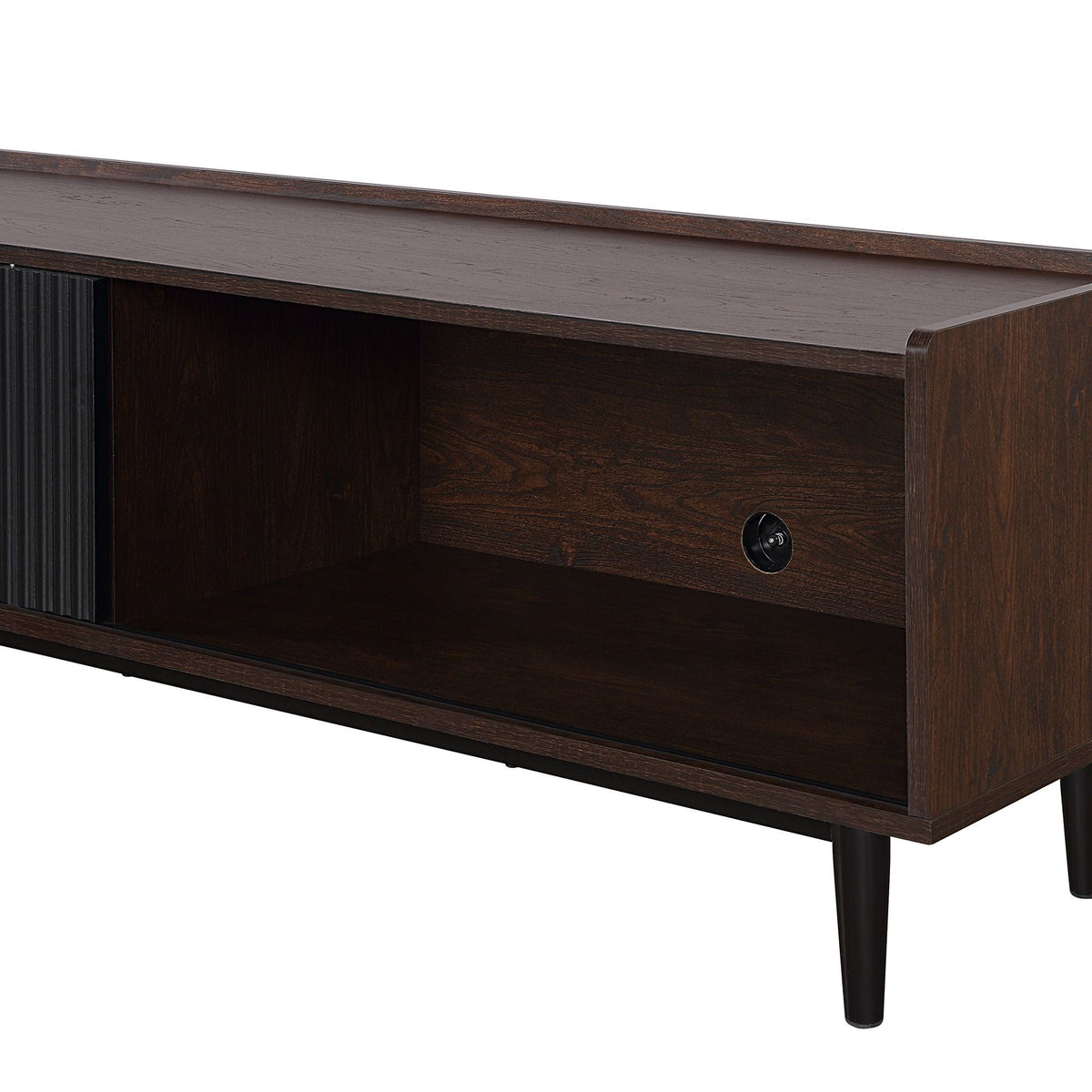 Fluted TV Stand with Sliding Door dark wood finish with black slats HouseOfZazla on Tampa Home & Garden Store