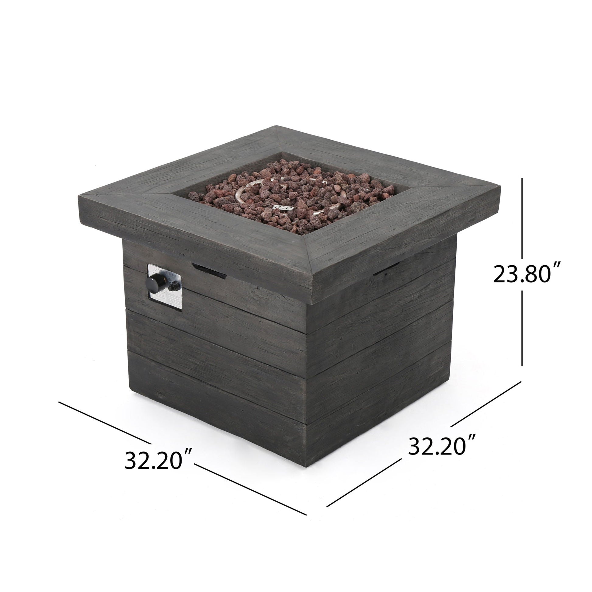 Anchorage Wood Square Fire Pit 40,000 BTU gray by HouseOfZazla with lava rocks and side burner on Tampa Home & Garden Store