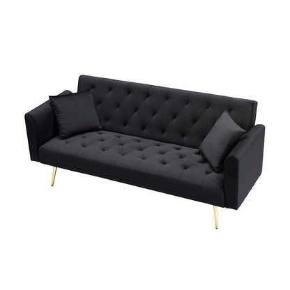 71-inch black tufted foldable double sofa with gold legs by HouseOfZazla, with 2 cushions on Tampa Home & Garden Store