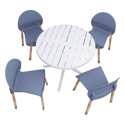 4-piece outdoor chair set with round white table; blue chairs with wood legs HouseOfZazla on Tampa Home & Garden Store