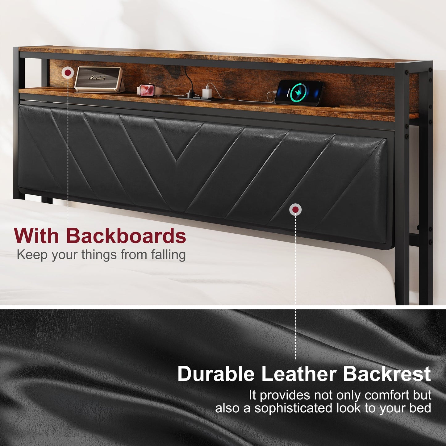 Full Size Metal Platform Bed Frame with Adjustable Black Upholstered Headboard HouseOfZazla on Tampa Home & Garden Store