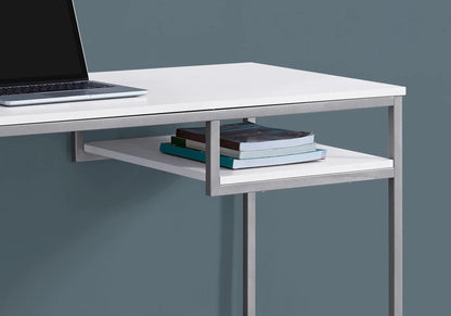 Computer desk white top with metal frame by Unique Piece Furniture; laptop on desk, books on shelf on Tampa Home & Garden Store