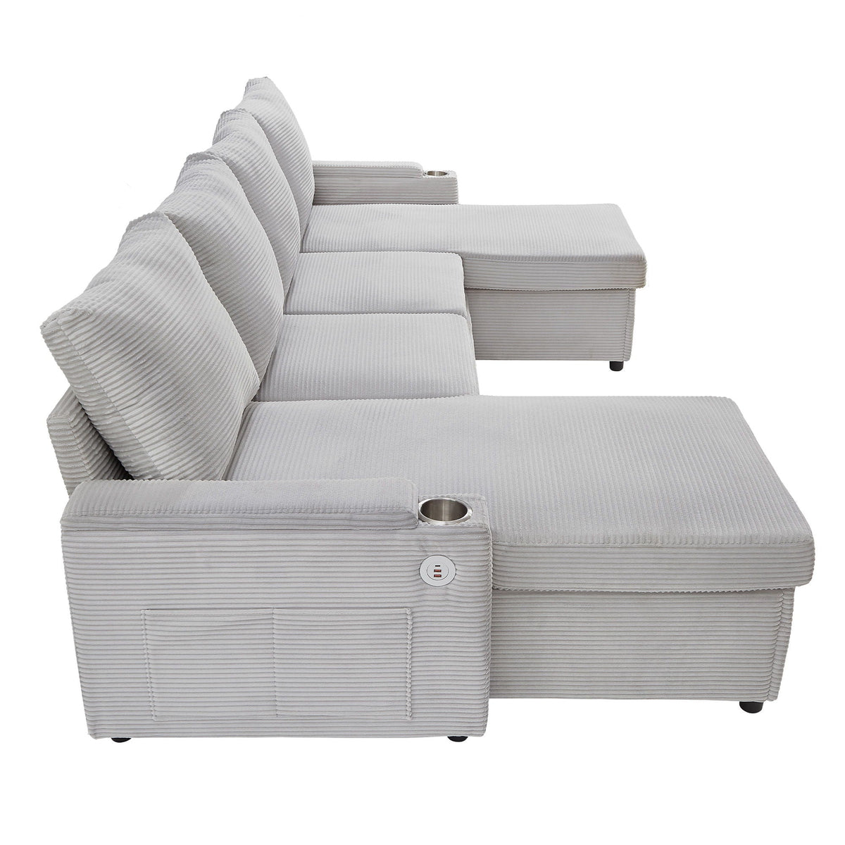 U-shaped sleeper sectional sofa bed in gray fabric with storage chaise, USB ports, cup holders on Tampa Home & Garden Store