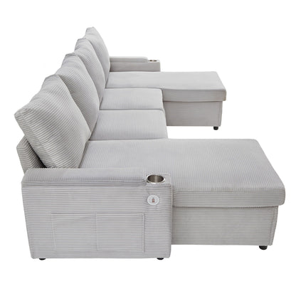 U-shaped sleeper sectional sofa bed in gray fabric with storage chaise, USB ports, cup holders on Tampa Home & Garden Store